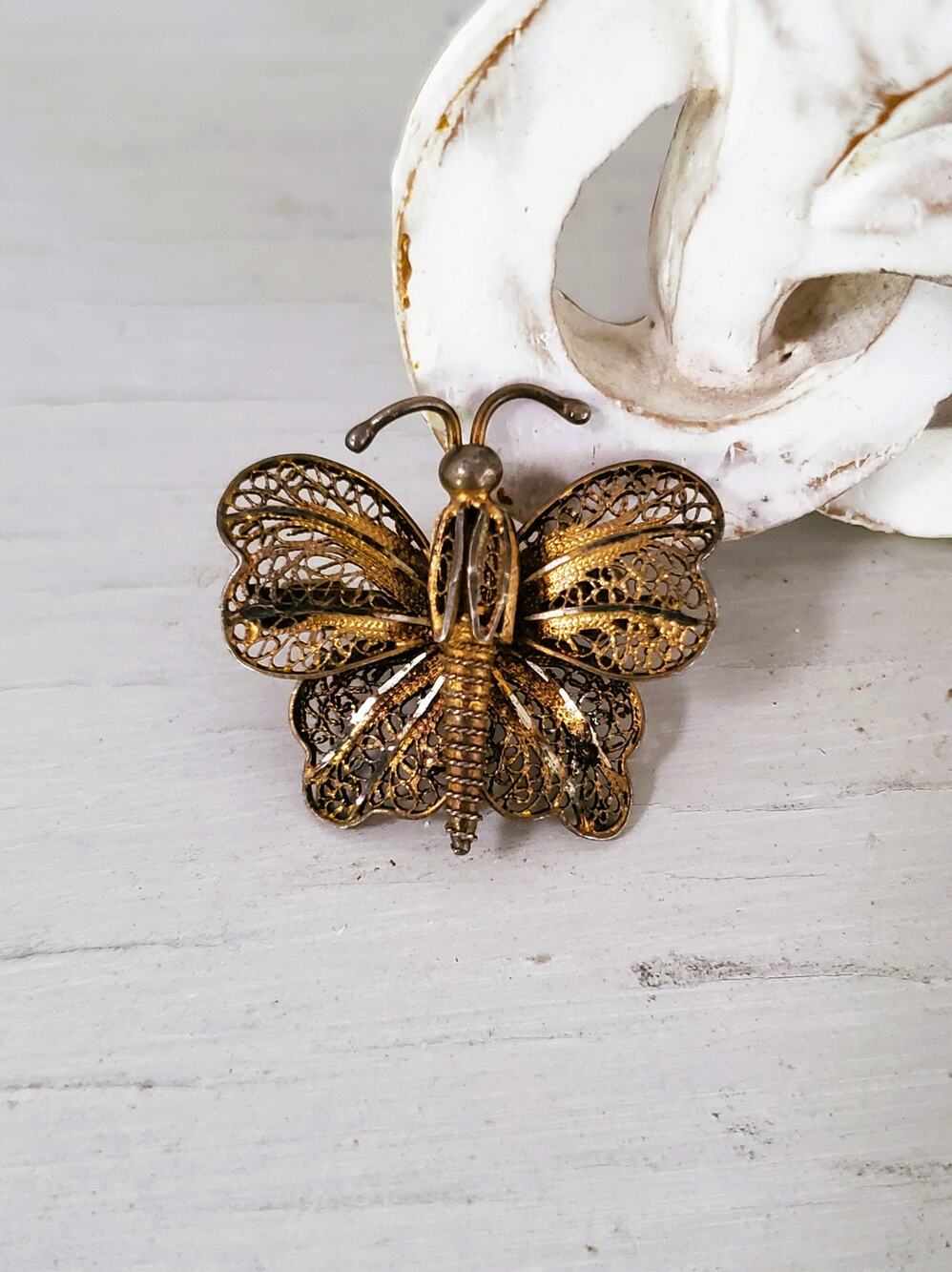 Vintage Antique Filigree Gold Wash Butterfly Pin Brooch